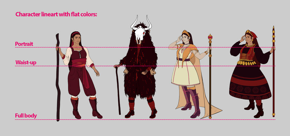 Character lineart with flat colors Standalone humanoid character (portrait, waist-up, full body), flat/simple color, no shading, no background. Starting prices, going up depending on complexity and size: Portrait: €30+ Waist-up: €70+ Full-body: €100+