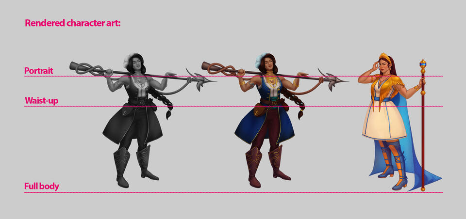 Rendered character art Standalone humanoid character (portrait, waist-up, full body), grayscale or colored, no background. Starting prices, going up depending on complexity and size: Portrait: €60+ Waist-up: €140+ Full-body: €200+