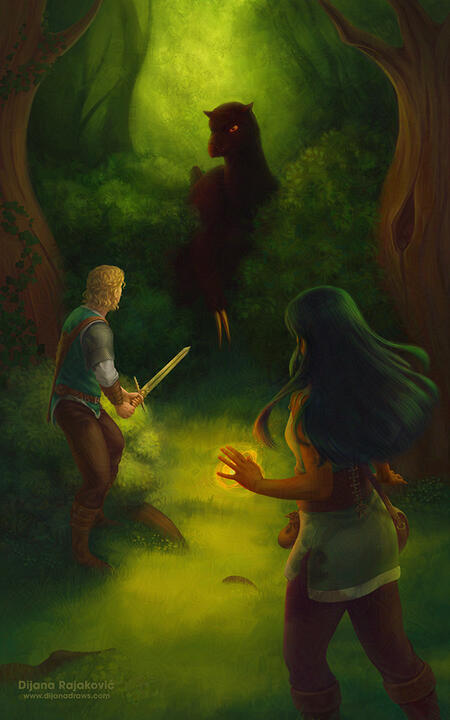 Demon Hunter - illustration The image is a book cover for an upcoming fantasy novella by Daina Rustin. It depicts two main characters facing off a monster in a forest. The main characters - Gray and Adrien - are turned away from us, and facing the monster hidden in the bushes.